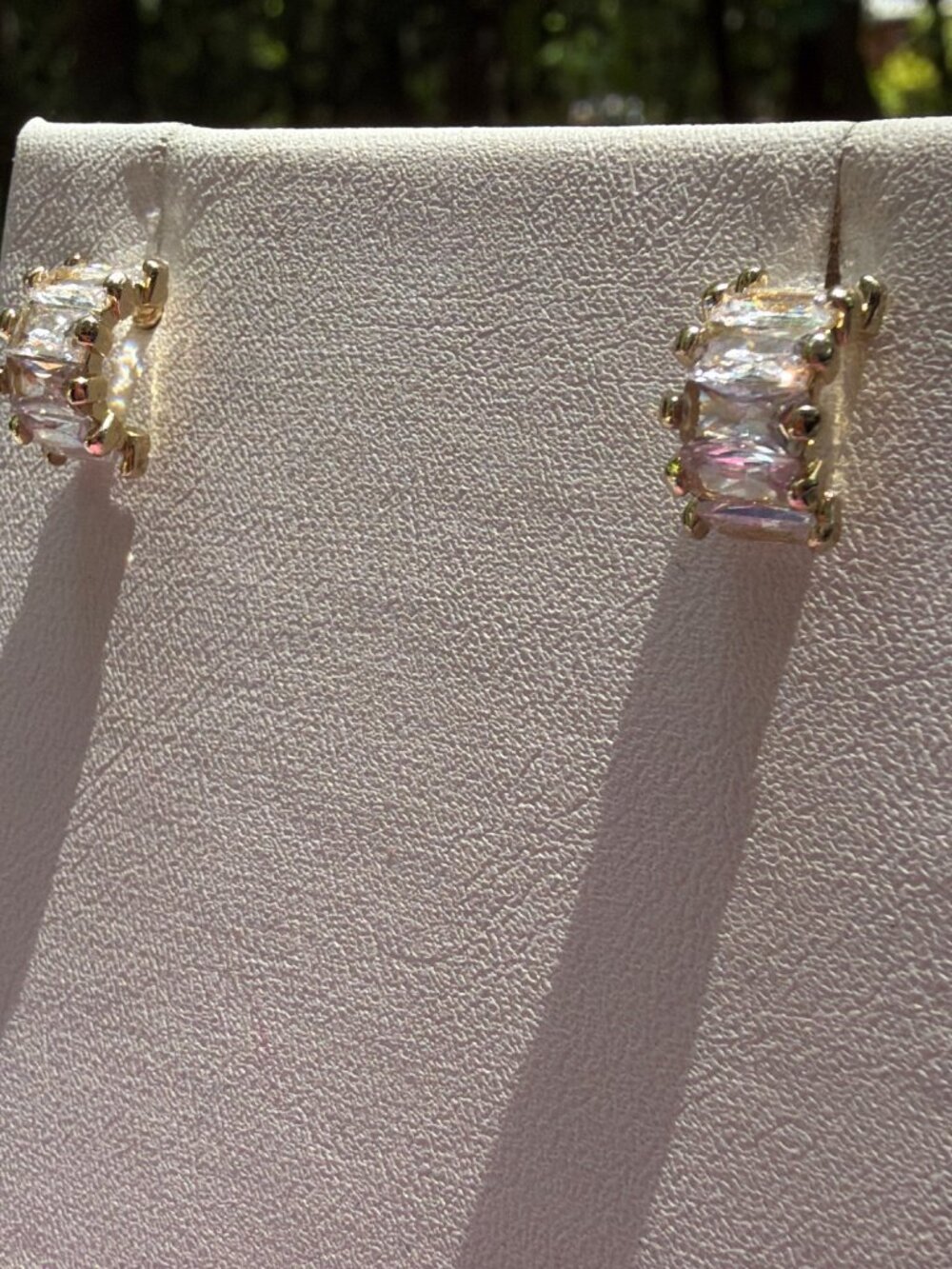 Gold Plated Huggie Half Hoop Earrings Baguette Crystal Rhinestones .5" 3.8g
